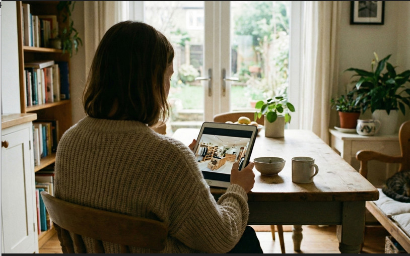 En person planerar sitt butiksbesök hemma genom TryggtBesöks guider vars mål är en mer kognitivt inkluderande värld. Bilden är skapad med Ai.