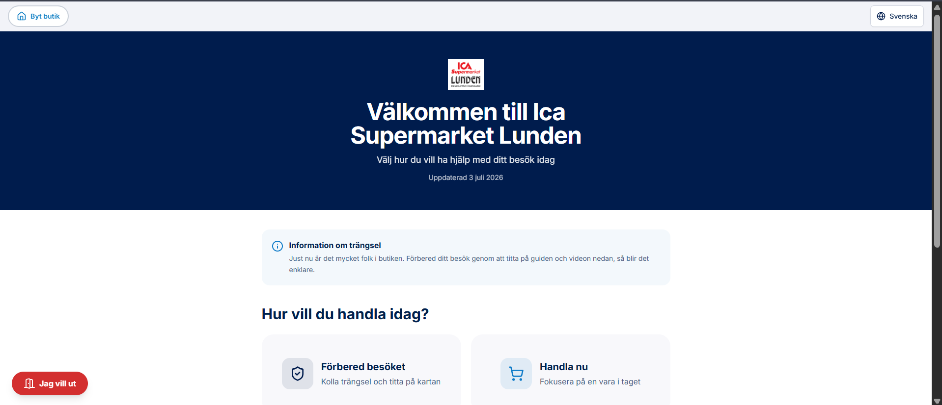 Bild som visar startsidan av TryggtBesöks guider där man får möjligheten att välja antingen "förbered besöket" eller "Handla nu"