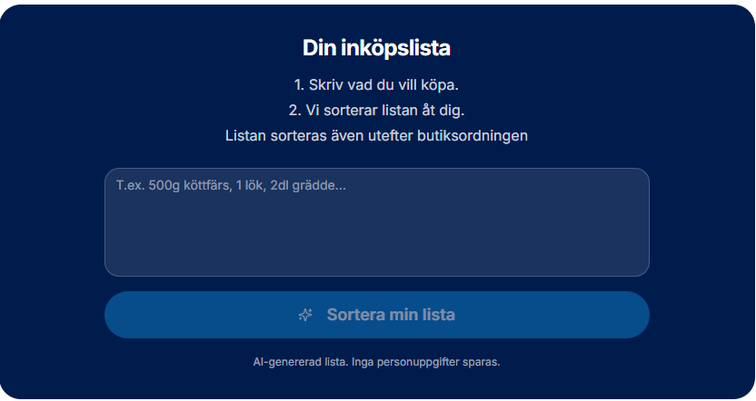 En skärmdump av "den magiska inköpslistan" inuti TryggtBesöks guider.