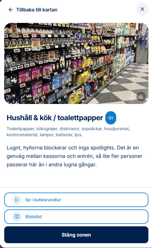 En detaljerad informationsruta i TryggtBesöks guider som visar avdelningensspecifik sensorisk profil, med direktlänkar till video och bildstöd.